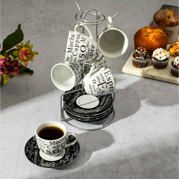 Espresso Porcelain Saucer Set, 13PC Cups Stand, White/Black. Never used. - Picture 2 of 5